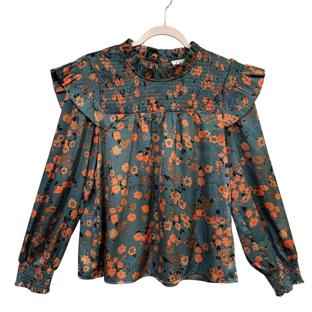 THML Floral Smocked Blouse Medium Green Orange Cottagecore Boho Romantic - Picture 1 of 5